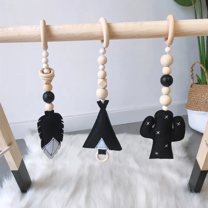 

1 set Wooden Beads Ornaments With Felt Feather Cactus Tent Hanging Pendant Baby Rattle Stroller Play Gym Toy Nursery Decor Props