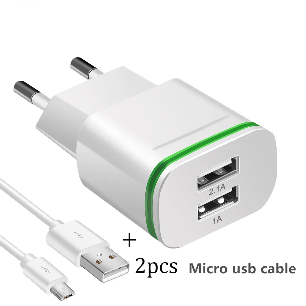 ЕС штепсельная вилка стандарта США 2 Порты светодиодный светильник USB Зарядное устройство 5V 2A настенный адаптер мобильного телефона Micro USB кабель для передачи данных зарядный кабель для iPhone iPad samsung