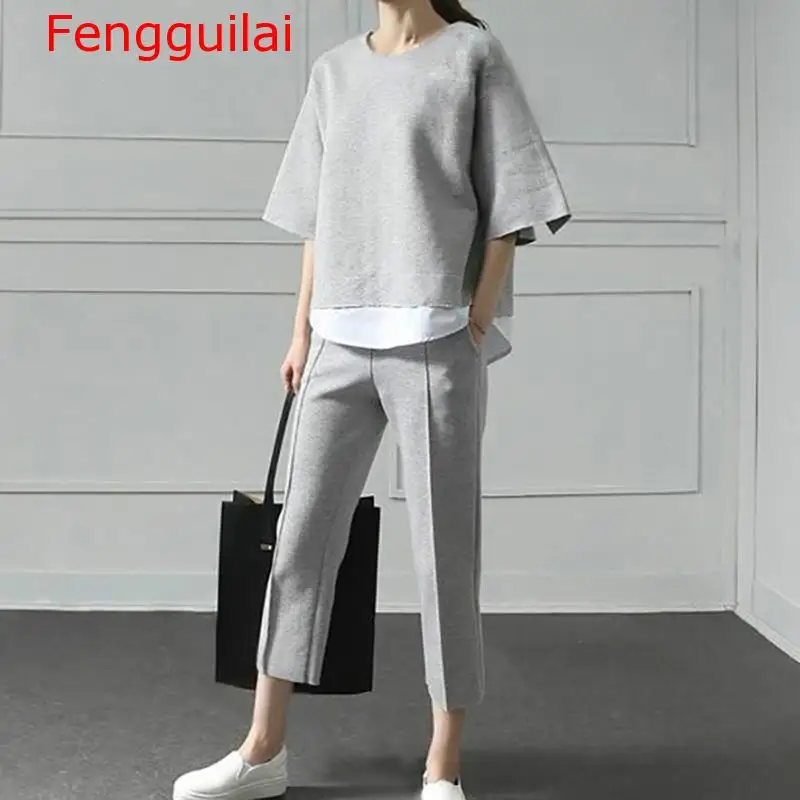 

Fengguilai Autumn Two Pieces Set Women Suit Patchwork Hem Top With Elastic Waist Plus Size Calf Length Pants Female Clothes