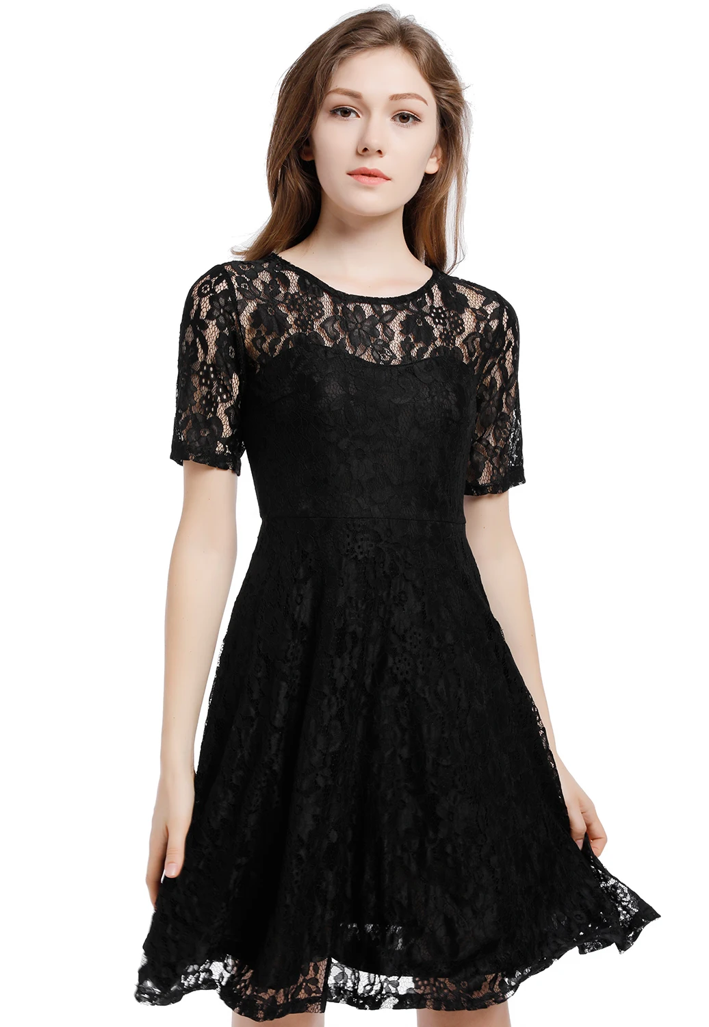 Blooming Jelly O neck Black Lace Dress Hollow Out Short Sleeve Swing