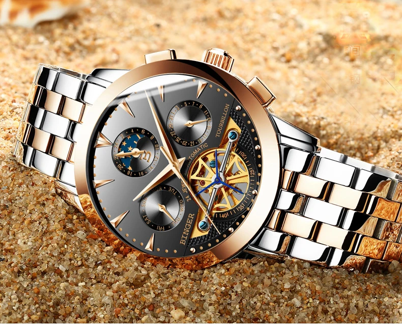 Роскошные швейцарские BINGER Брендовые мужские часы, мужские водонепроницаемые автоматические механические золотые модные турбийон из нержавеющей стали