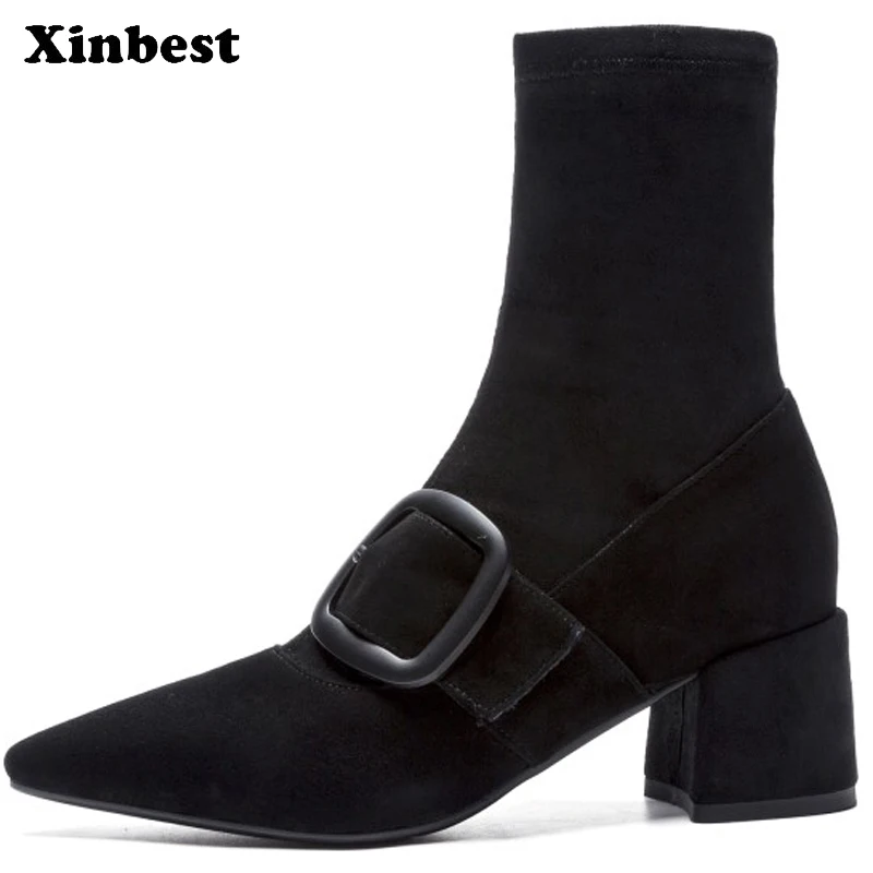 

Xinbest Women Brand Boots Pointed Toe Women High Heel Shoes Casual Fashion Ankle Boots For Women Square heel Winter Boots Women