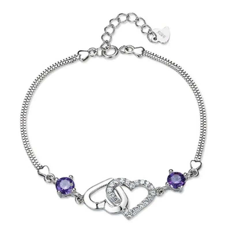 Wholesale double heart Bracelet Purple CZ Crystal Bracelet Christmas