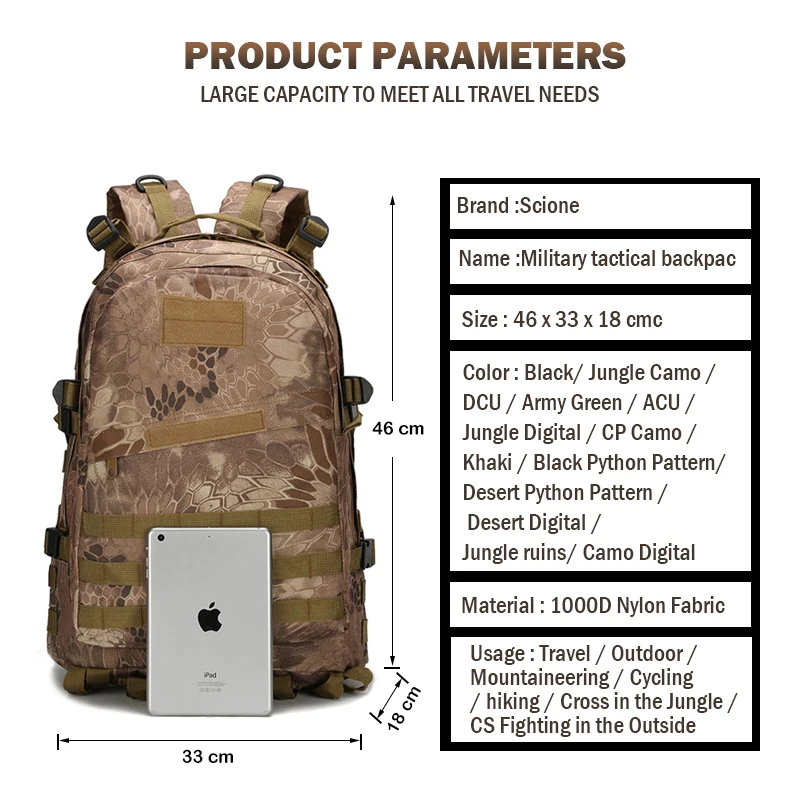 Ceny 1000D Nylon 40L plecak dla mężczyzn kobiety wojskowy kamuflaż torby Mochila Militar torby na co dzień podróży wodoodporne torby