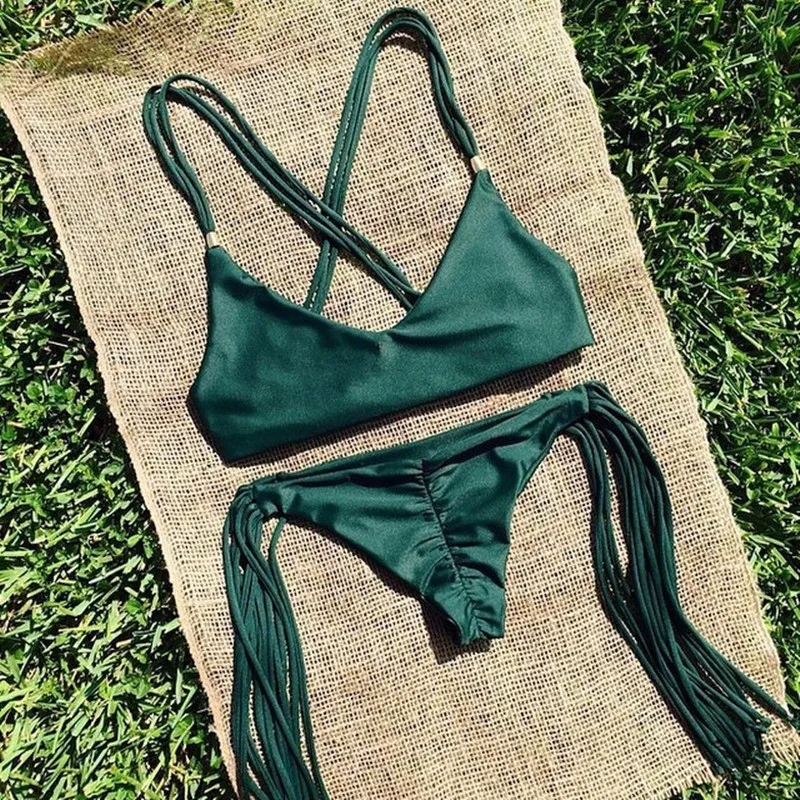 

Tassel Swimwear Sexy Women Summer Brazilian Swimsuit Bikinis Maillot De Bain Tassel Green Beachwear Sexy Bathing Suit Biquinis