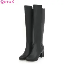 QUTAA/; женские сапоги до колена; Модные женские мотоботы в западном стиле на высоком квадратном каблуке с острым носком; размеры 34-43