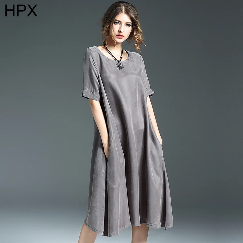 Women Red Gray Silk Blend Loose Retro Vintage Elegant Mid calf Length