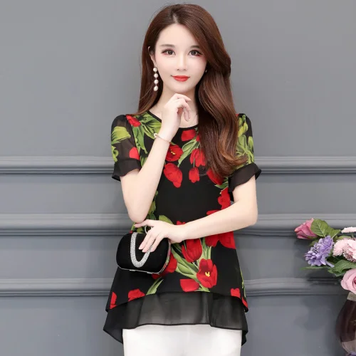 2019 جديد كبير حجم 5XL المرأة الصيف الشيفون قميص أزياء الأزهار فضفاضة بلوزة جولة الرقبة قصيرة الأكمام قميص الإناث