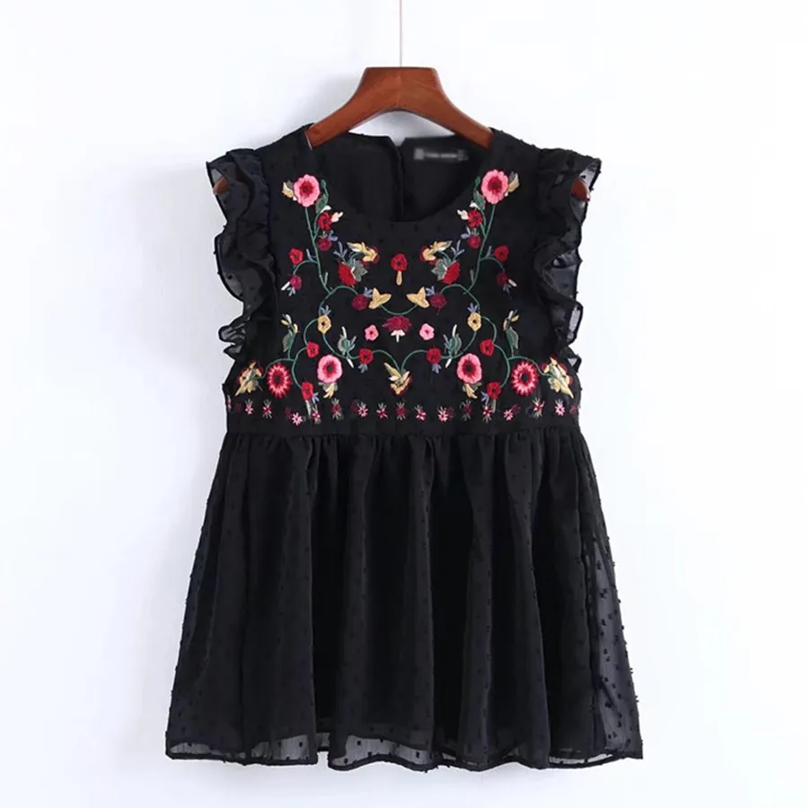 

2019 Summer Vintage Floral Embroidery Chiffon Blouse Women Tops Sleeveless Ruffle See Through Black Blouses Shirt Vetement Femme