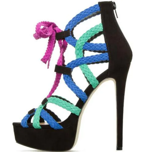 

Moraima Snc Women Fashion Weave Platform High Heel Ankle Wrap Gladiator Sandals Shoes Summer Open Toe Lace-up Sexy Sandal