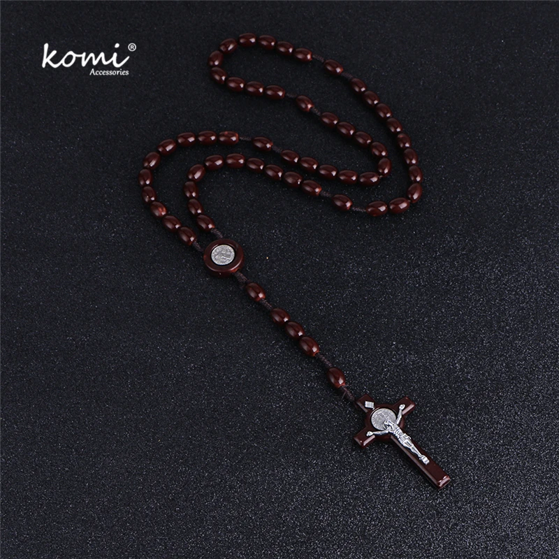 Long Beaded Chain Cross Jesus Religious Necklace Prayer Vintage Bead Necklace J
