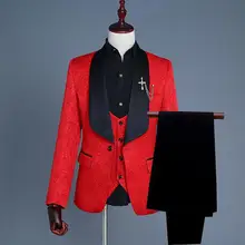 Singer stage fashion clothing men groom suit set with pants 2019 mens wedding suits costume formal dress jacket + vest + pant new black men s blazers suit long sleeve gold appliques stage singer performance costume include jacket vest tie