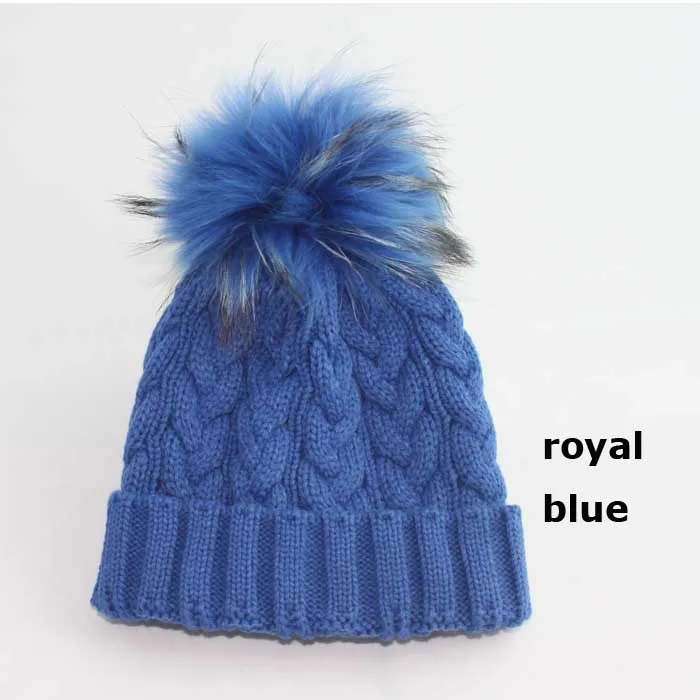 Женская теплая вязанная шерстяная шапка с меховым помпоном - Цвет: royal blue