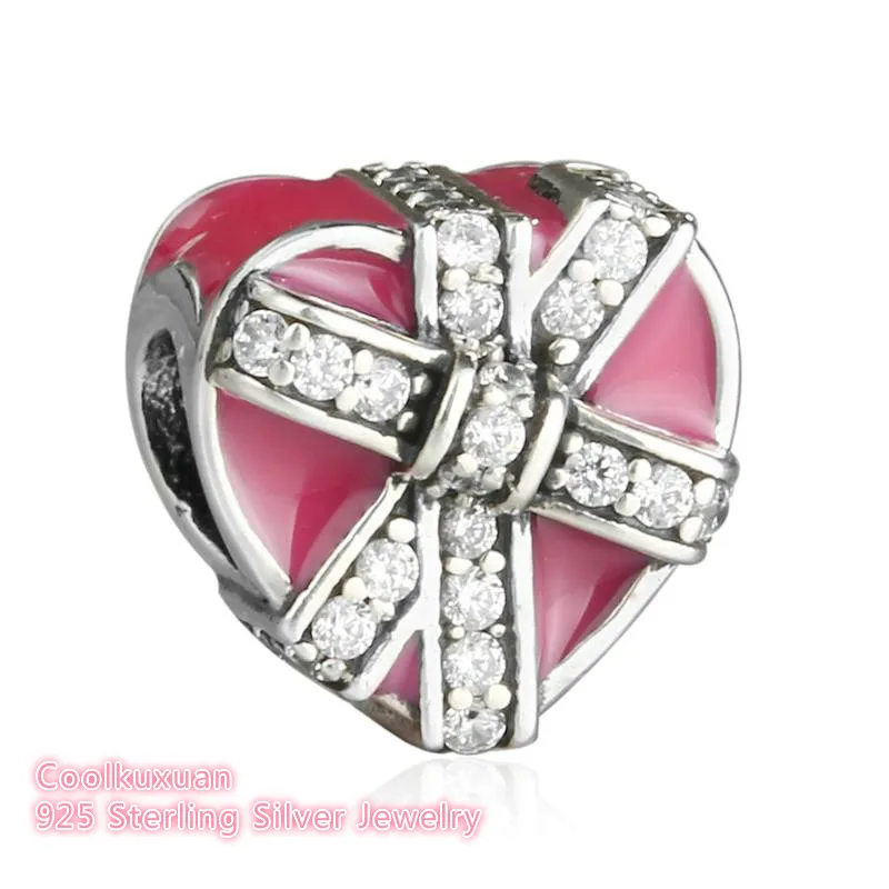 

2019 Valentine's Day 925 Sterling Silver Gifts Of Love Magenta Enamel & Clear CZ Charms Fits Pandora Bracelets Jewelry Making