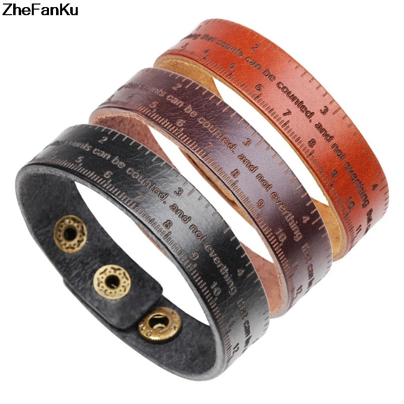 

Multifunctional Ruler Leather Bracelet Men Vintage Wide Cuff Bangles Adjustable Buckle Wristband Male Bracelet Black&Brown