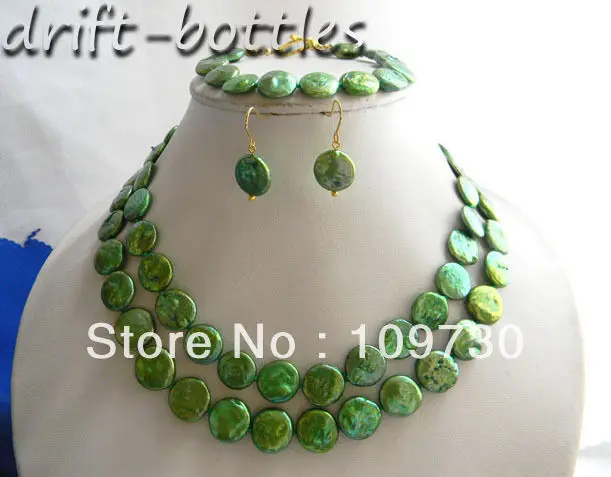 

Jewelry 00439 32''/8'' 12mm Green Coin Freshwater Pearl Necklace Bracelet Earring Set