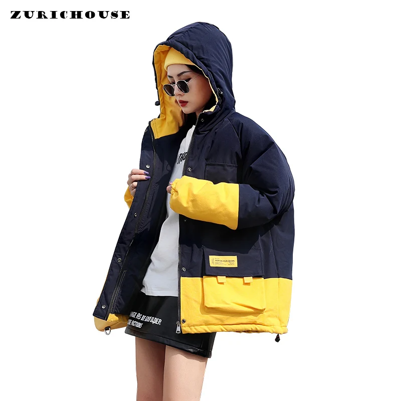 

ZURICHOUSE Winter Fashion Women Down Cotton Jacket Warm Parka Hooded Thicker Coat Female Contrast Color Streetwear Outwear