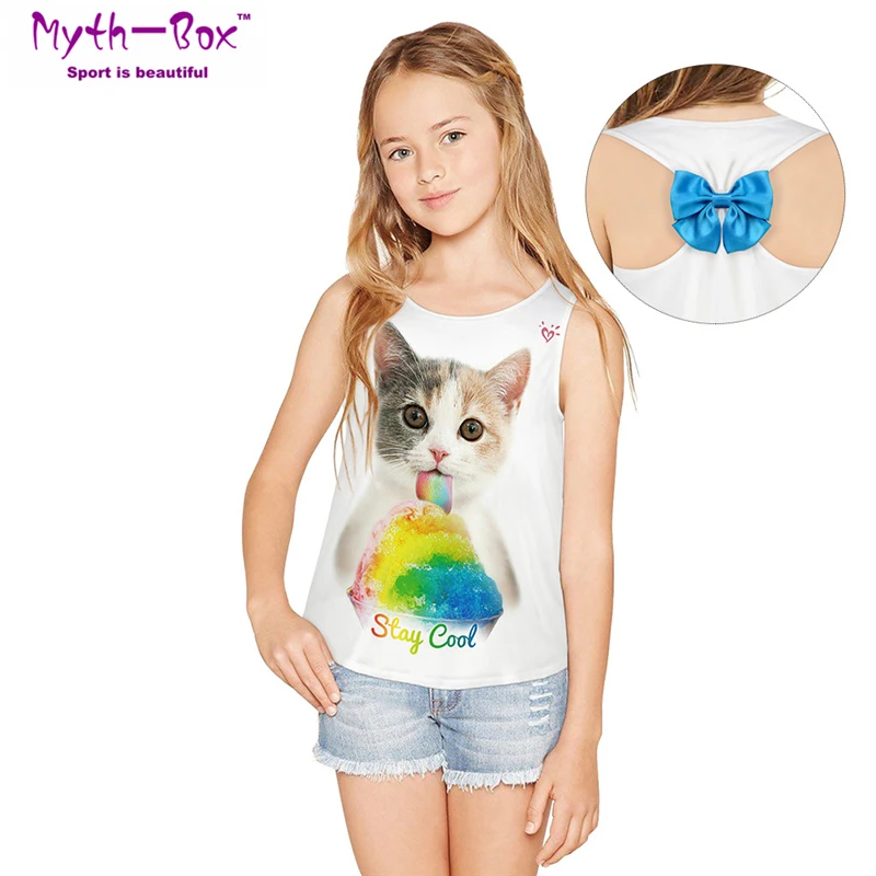 

Children's Vests Kids Sportwear Sleeveless Shirt Cat 3D Printed Quick Dry 7-14y Girls Running Tops Junior Tank Tops Child Blouse