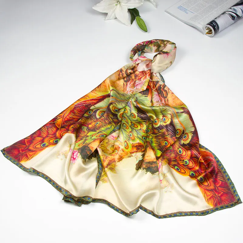 Шаль из чистого шелка павлин и шелковый шарф с цветами женская накидка оптом распродажа животных саронг женский длинный шелковый платок для женщин