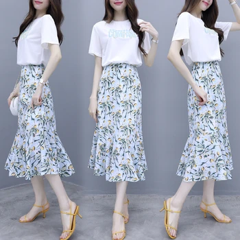 

White Short Sleeve Beading Tops Korean Floral Skirts Print Mermaid 2 Set Woman Fashion Women 2 Piece Skirt Sets Twinset 2019