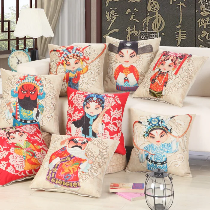Beijing Opera Character Cushion Covers Chinese Style Linen Cotton