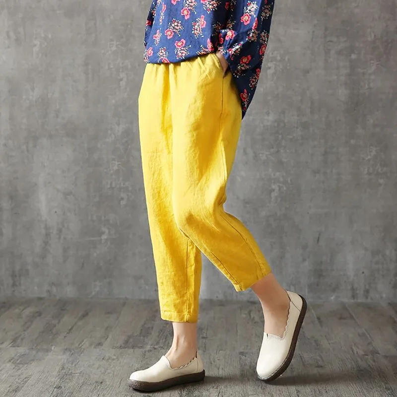 Laamei женские льняные брюки летние брюки Капри свободная тонкая ткань лен хлопок брюки однотонные шаровары Большие размеры женские