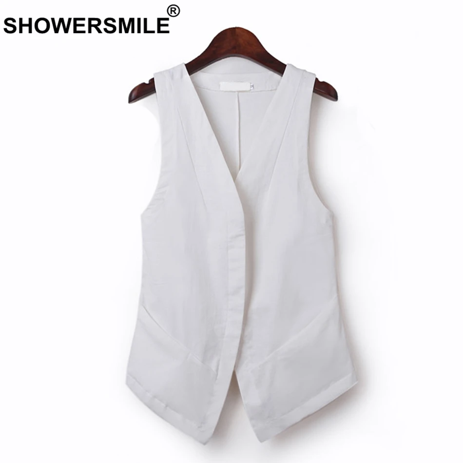 SHOWERSMILE Gilet Vests For Women Black Linen Waistcoat Female Short Light Weight Slim Ladies Spring Summer Sleeveless Jackets