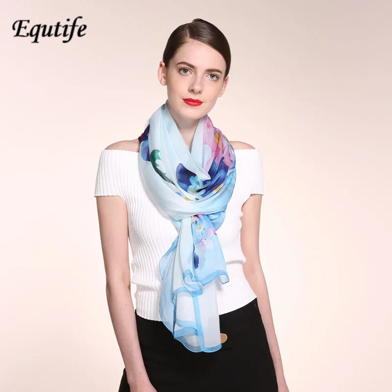 All-match Mulberry Silk Long Scarf Women Classic Flower Print Warp Beach Scarves Soft Elegant Shawl Sunscreen Pashmina HL071