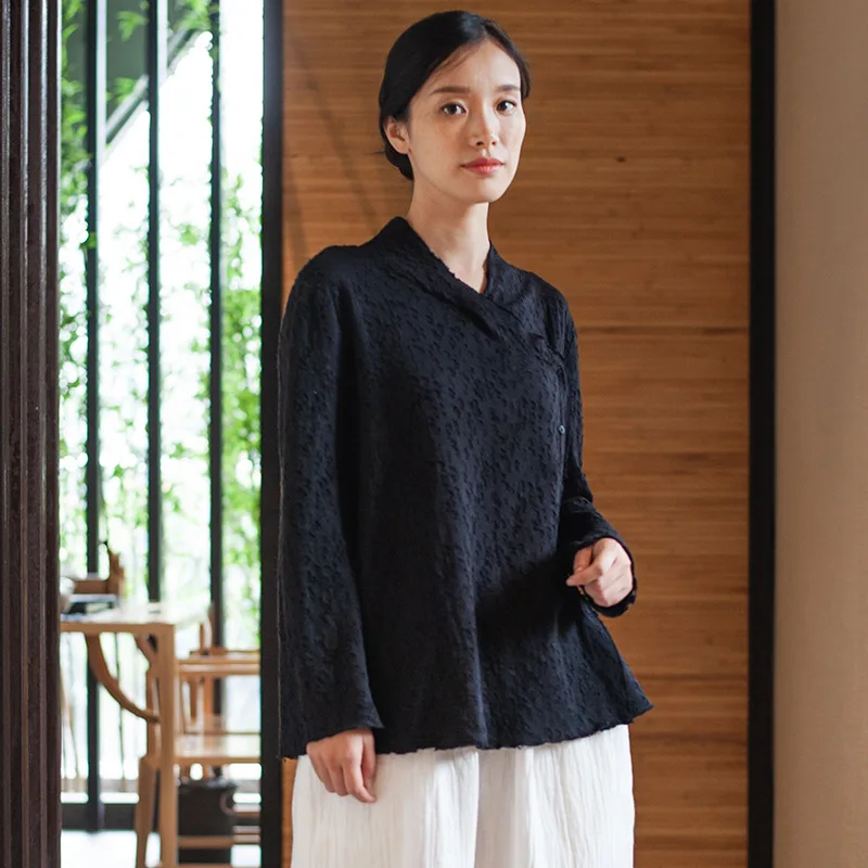 Рубашки Для женщин дизайн Для женщин одежда Китайский Стиль Ретро Tshrit литературы куртка Для женщин Стиль футболка черный D499