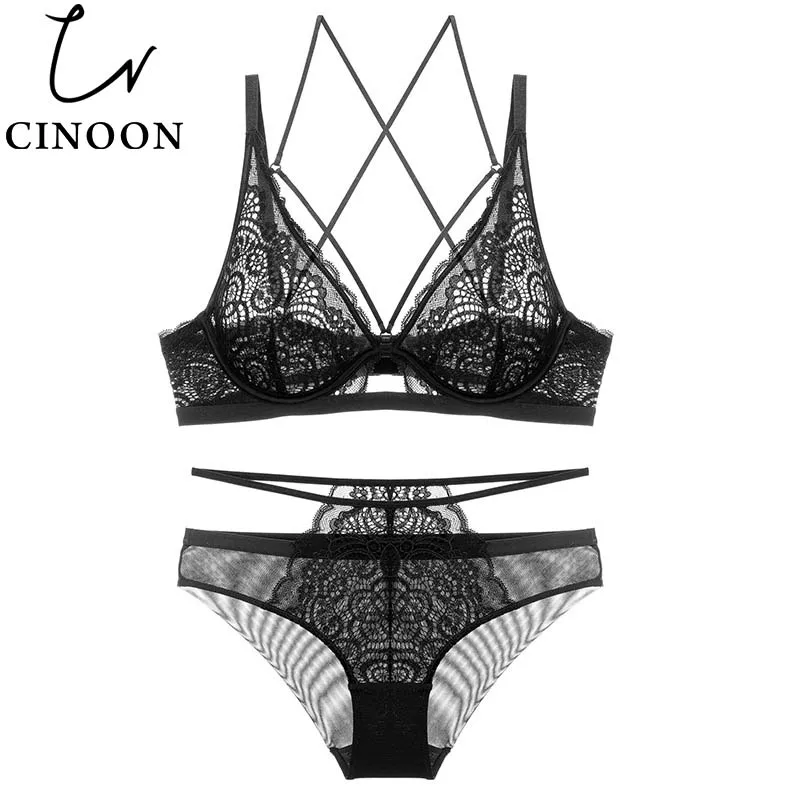 New Top Sexy Underwear Set Cotton Push-up Bra and Panty Sets 3/4 Cup Brand Green Lace Lingerie Set Women Deep V Brassiere Black