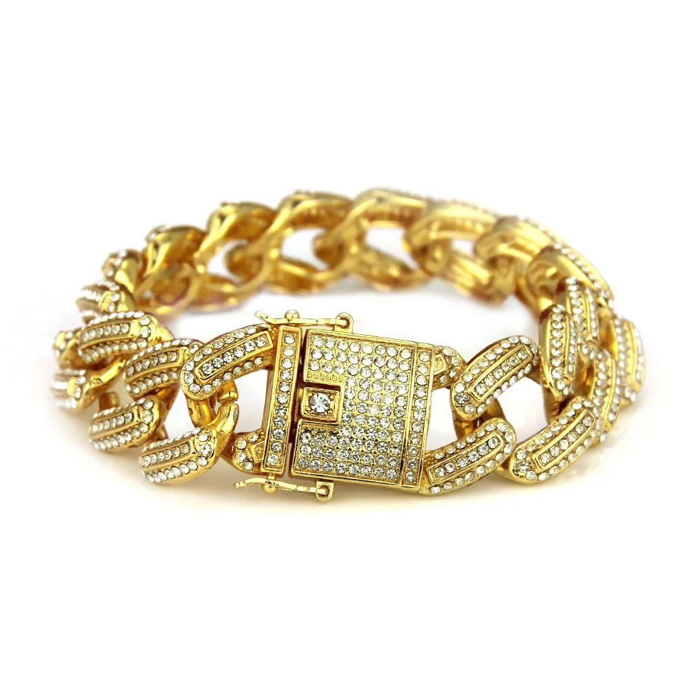 

Hip Hop Luxury Crystal Cz Zircon Triple Lock Bracelet 19mm Cuban Link Box Clasp Bracelet Men Female Jewlery Drop Shipping
