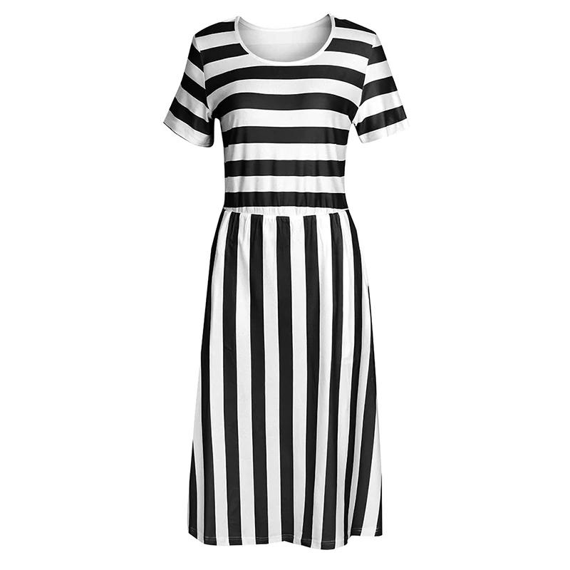 Red Black A Line Casual Dresses Women Summer Dress Short Sleeve Striped Midi Dress O Neck Pocket Summer Holiday Dresses