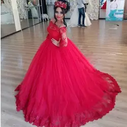 Красный бальное платье 2018 Vestido de noiva винтажные Кружевные Аппликации Свадебные платья Романтический длинный рукав арабских для матери