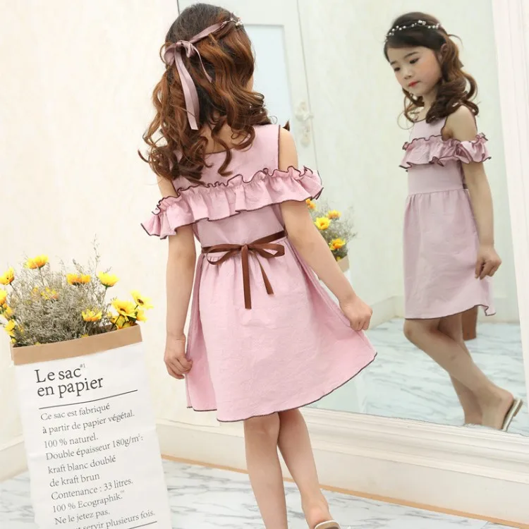 new summer baby petal sleeve dress girls off the shoulder dress child clothing children belt