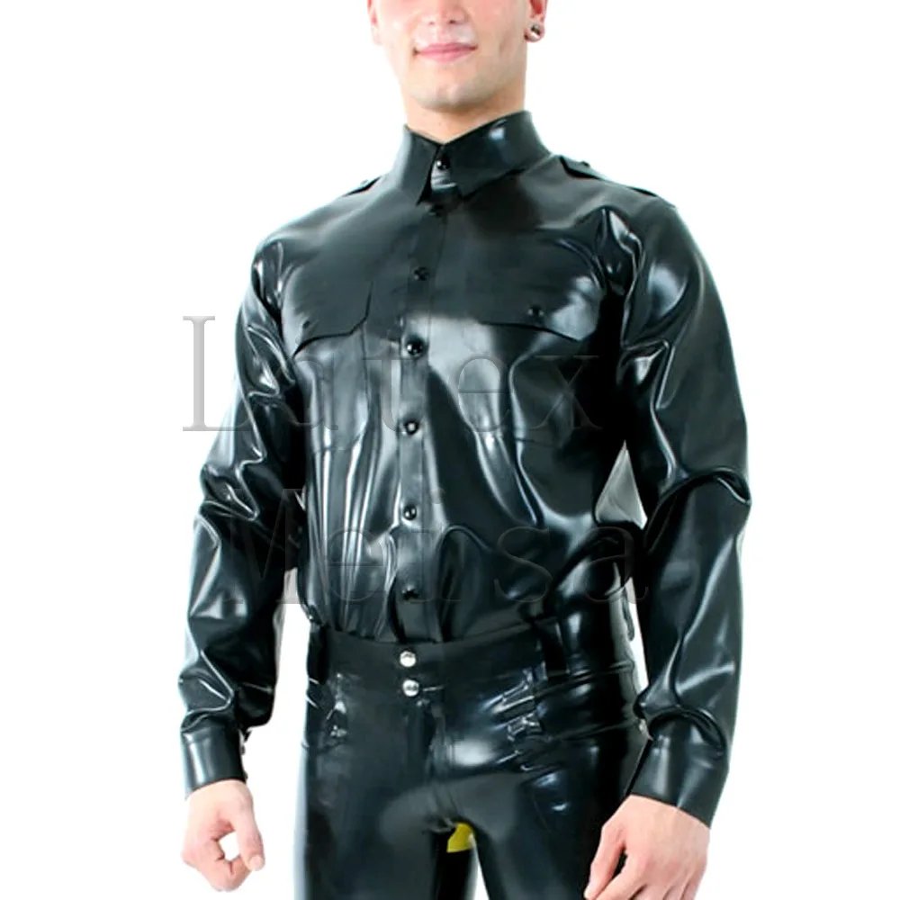 

Safari style black latex shirt long sleeve latex top men with 100% handmade