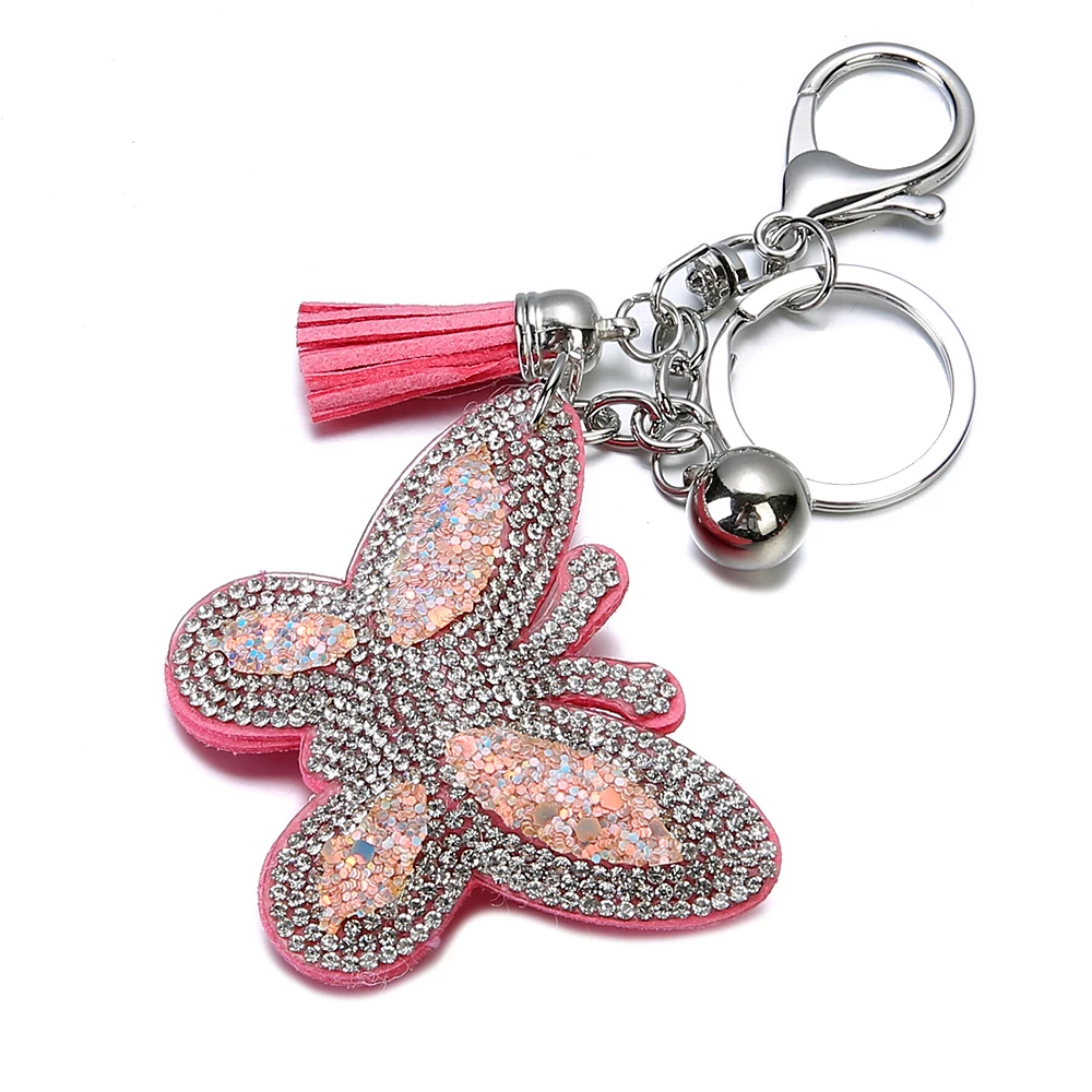 Butterfly Keychain Leather Tassel Silver Key Holder Metal Crystal Key Chain Keyring Charm Bag