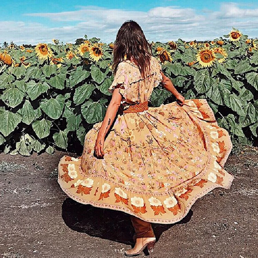 TEELYNN boho платье для женщин wild bloom 2019 осенние платья искусственный шелк желтый