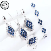 Женские свадебные 925 пробы, серебряные ювелирные наборы, синие камни, серьги, свадебный браслет из циркония, кольцо, кулон, ожерелье, набор, подарочная коробка