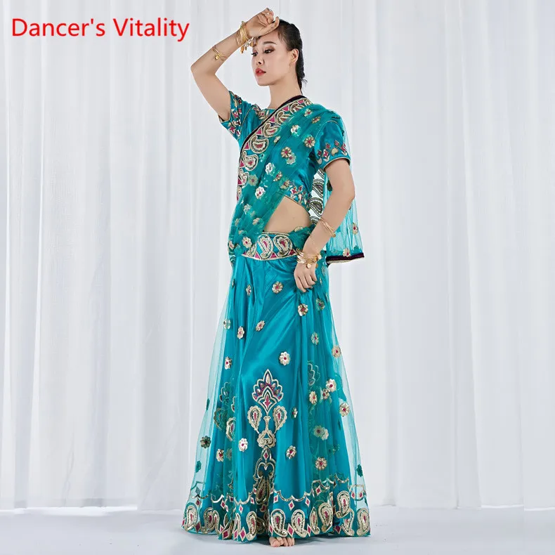 

2018 Clothes For Dancing, Stage Costume Belly Dancing Clothes Indian Dance Costume Bollywood 3 Pieces Set (Top, Skirt And Sari)