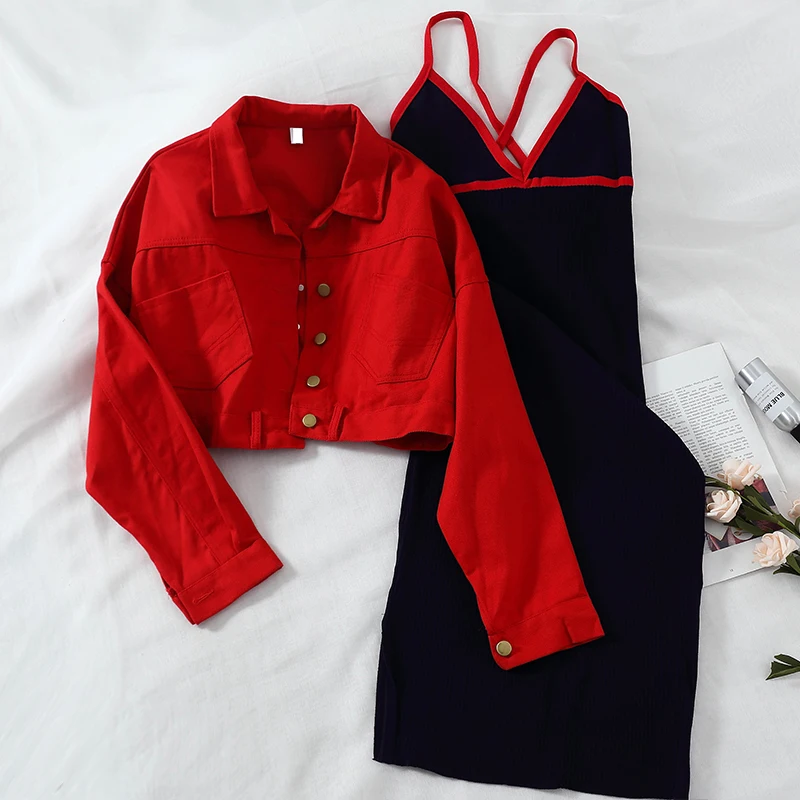 

2019 new fashion women's two-piece set Autumn short coat + knit strap dress