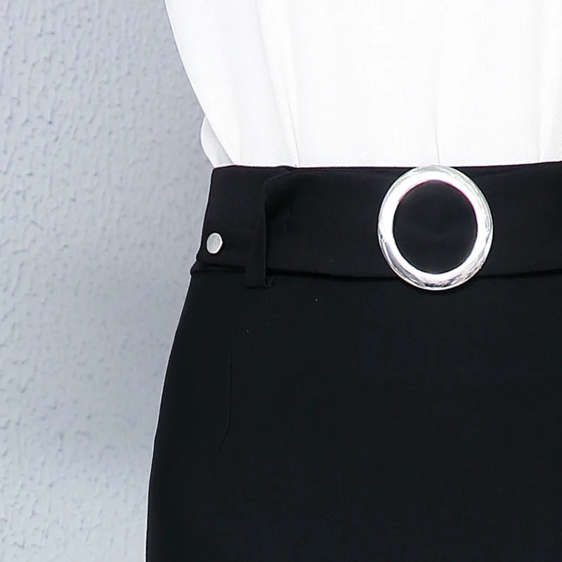 Весенняя эластичная юбка-карандаш с высокой талией, Корейская сексуальная тонкая офисная юбка с металлическим поясом, однотонная мини-юбка размера плюс, черная, 3x