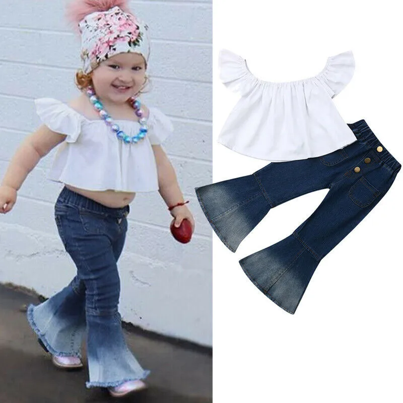 

New Baby Girl clothes Off Shoulder solid pullover short sleeve Tops Button pocket Flared Trousers 2pc kids Toddler cotton outfit