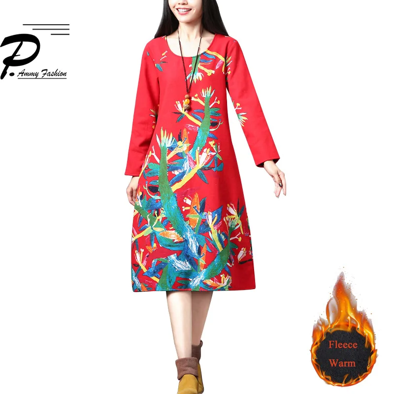 

Fleece Lining Thicken Warm Print Dress 2018 Women Winter Vintage Oversized O-Neck Long Sleeve Loose velvet A-Line Tunic Pullover