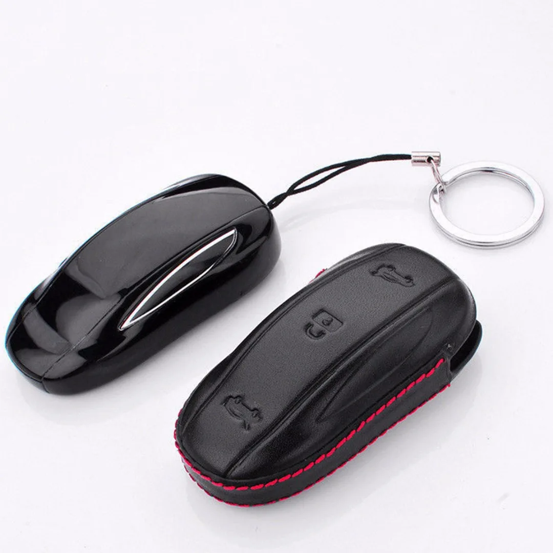 Black Leather Anti-drop Key Case  Holder For Tesla Model S Model X Automobile Remote Covers Shell Car Accessories Car-styling