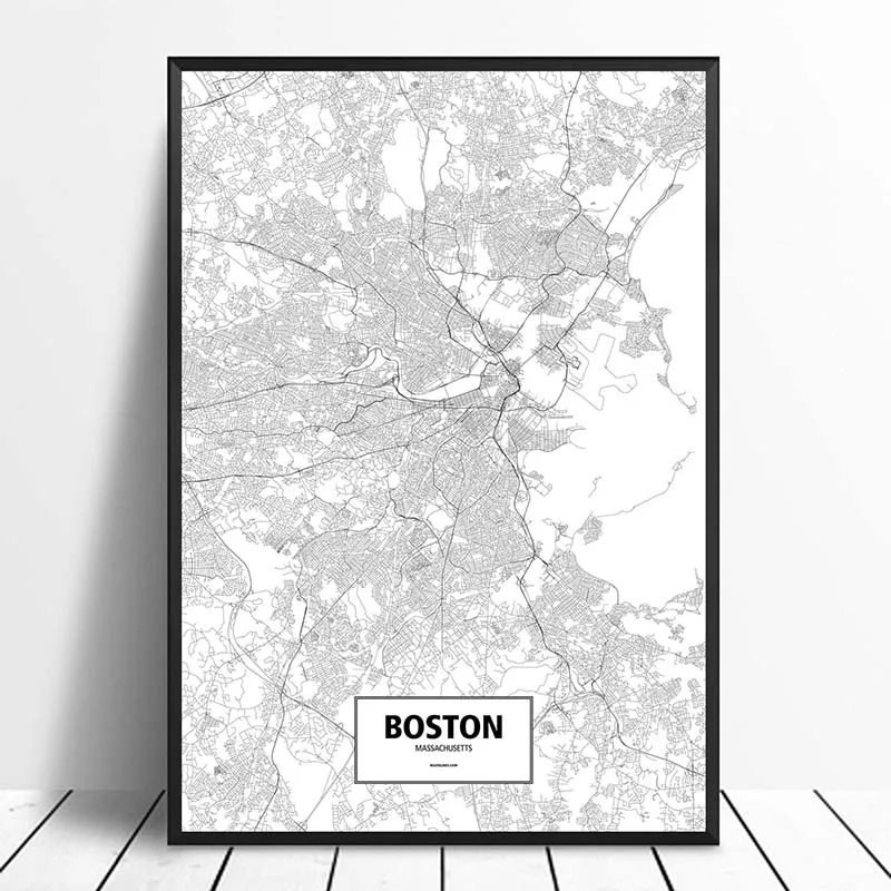 

BOSTON, MASSACHUSETTS, UNITED STATES Black White Custom World City Map Posters Canvas Prints Nordic Style Wall Art Home Decor
