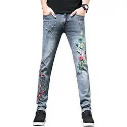 Mciknny Новая мода красно-коронованный кран вышитые облегающие джинсовые брюки Fit вышитые джинсы брюки для мужчин промывают размер 29-38