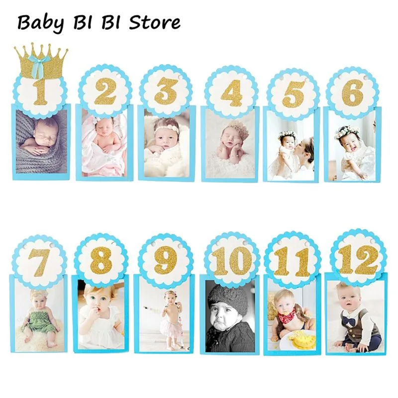 Baby Souvenir Photography Photo Frame 1-12 Months Infants Shower Bathing Birthday Gift for Kids Room Decorations - Цвет: Синий