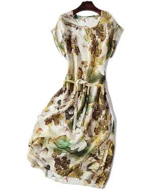 

New Silk Dress of 2019 Long Round-necked Large Size Summer Women's A-shaped Dress Silk Dress