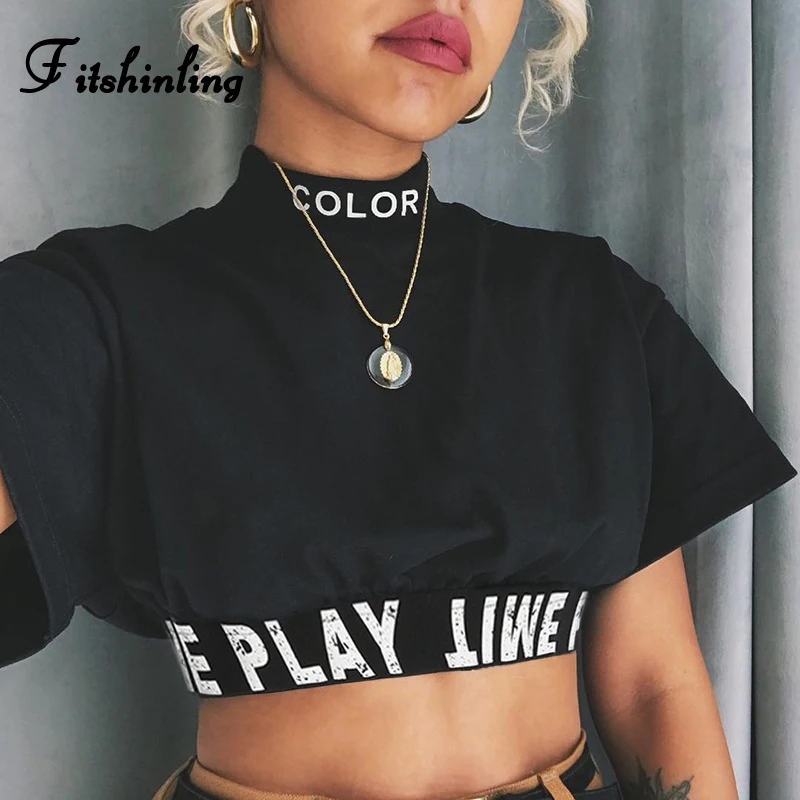 

Fitshinling Hip pop black t-shirt female cotton clothes fashion slim crop top letter print belt turtlenecks women's t-shirts hot