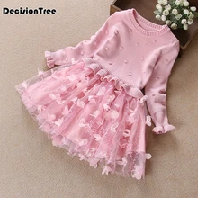 Новинка года; сетчатые платья belle для маленьких девочек; костюм принцессы; праздничная одежда; красивые кружевные розовые вязаные платья с длинными рукавами